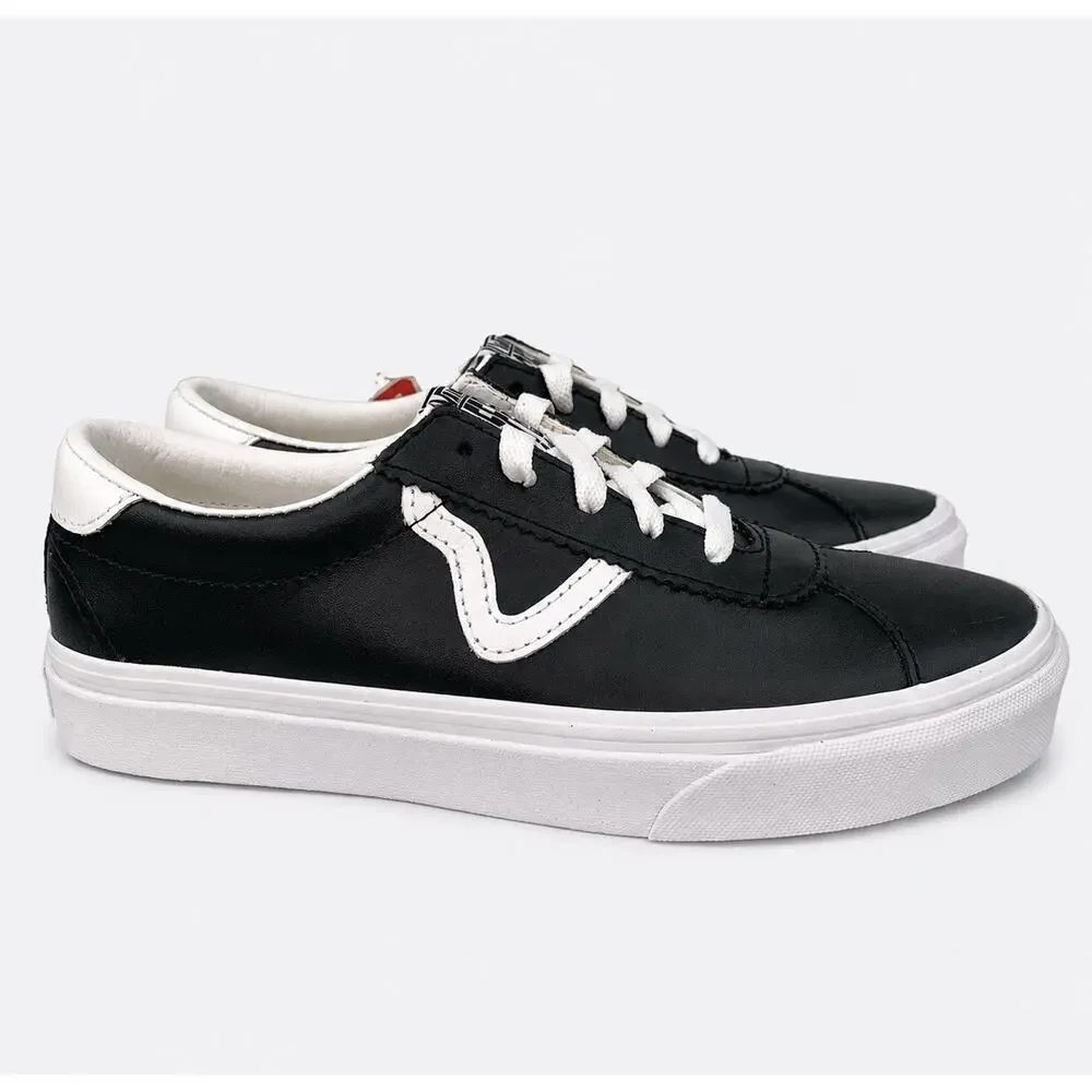 Vans Sport Leather Sneakers Women’s 8 Men’s 6.5 Black White Flying V NWOB